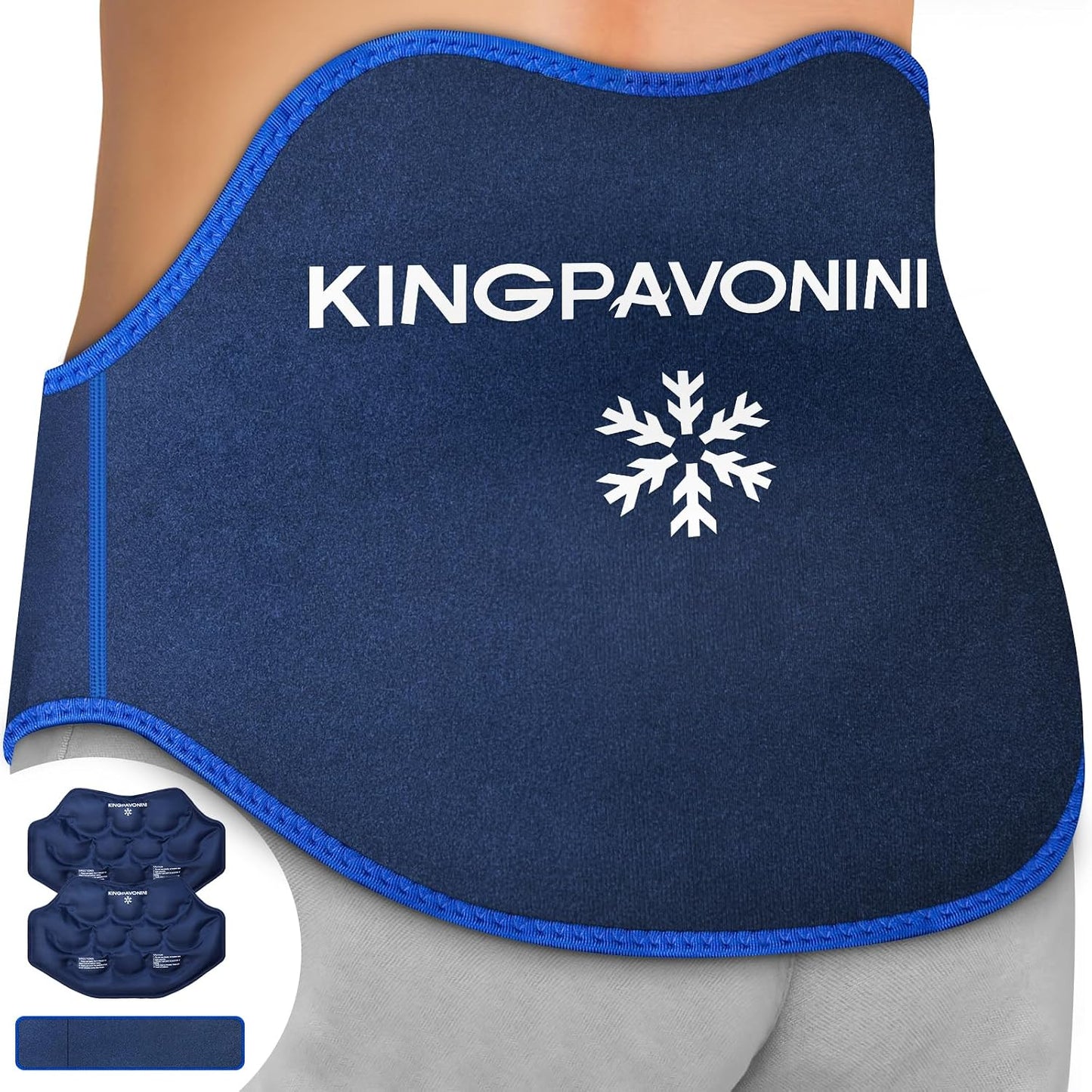 KingPavonini Extra Large Ice Pack for Back Pain Relief, 2 Gel Packs, Blue | 35-Min Long-Lasting & Instant Pain Relief, Leakproof Back Ice Pack, Extension Strap, Hot Cold Therapy, Skin-Safe Lycra Fabric