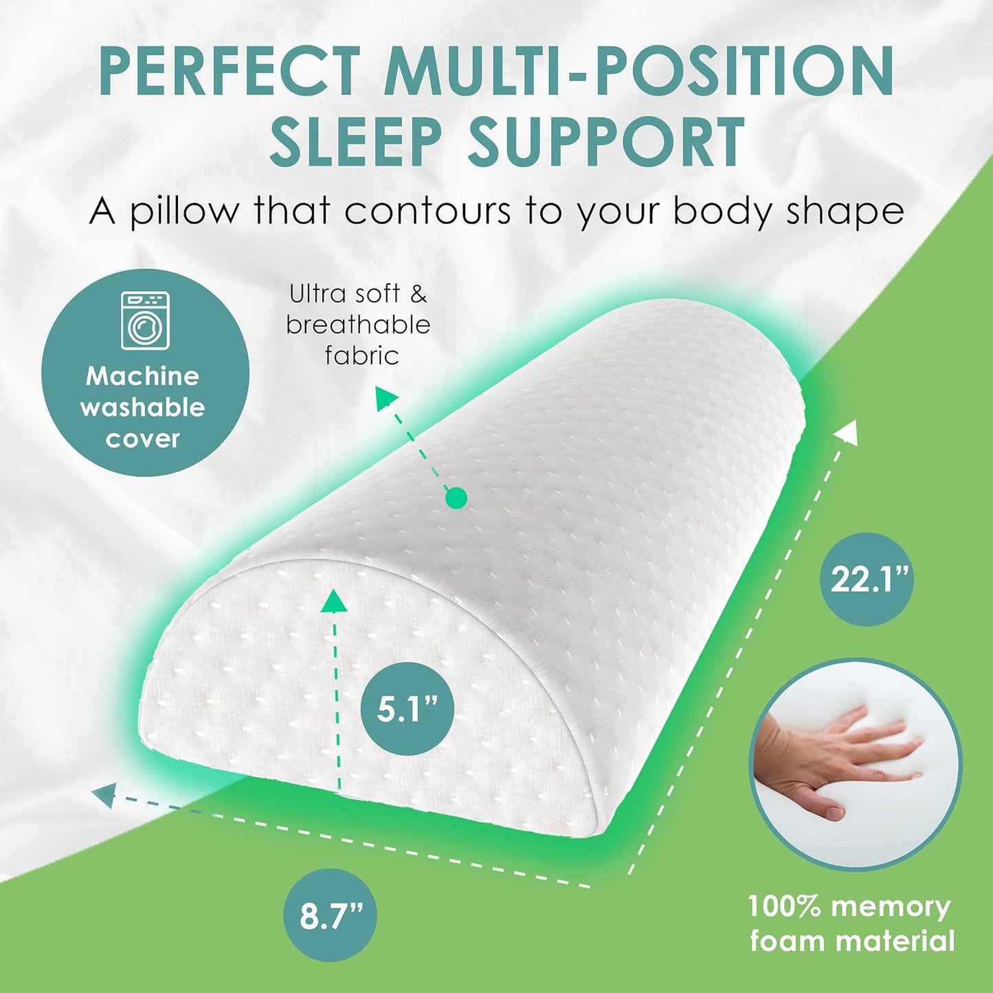 Cushy Form Bolster Pillow for Lumbar and Leg Support - 22.1 x 8.7 x 5.1 Inches Half Moon Memory Foam Cushion for Stomach, Back & Side Sleepers - Roll Pillows for Back and Neck w/Washable Cover