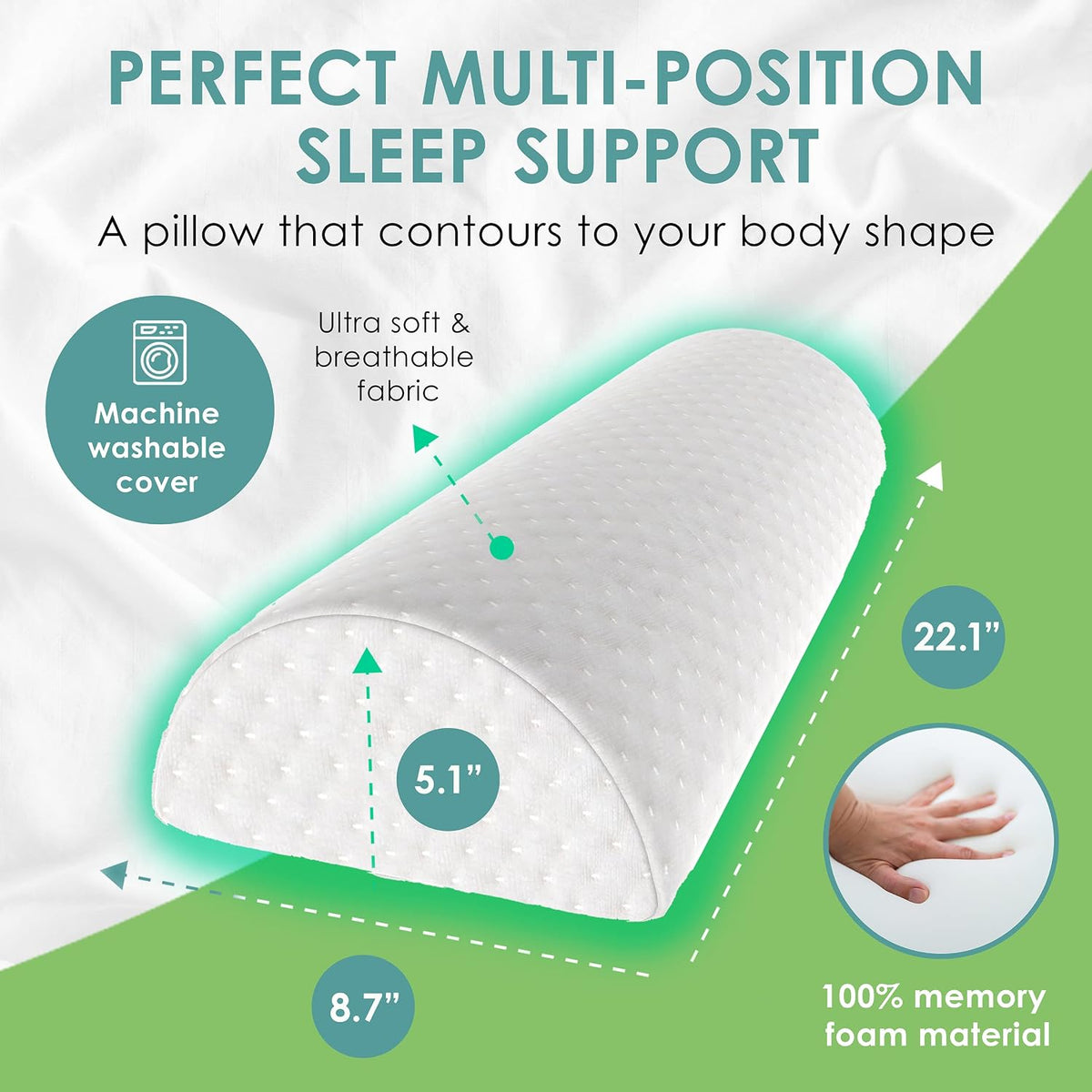 Cushy Form Bolster Pillow for Lumbar and Leg Support - 22.1 x 8.7 x 5.1 Inches Half Moon Memory Foam Cushion for Stomach, Back & Side Sleepers - Roll Pillows for Back and Neck w/Washable Cover