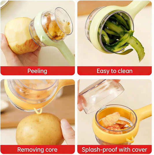 3-Piece Kitchen Set – Stainless Steel Onion Holder Slicer with 10 Forks, Peeler with Storage Box, 3-in-1 Cup Lid & Gap Brush – for Slicing Potato, Avocado, Eggs, Lemon, Meat