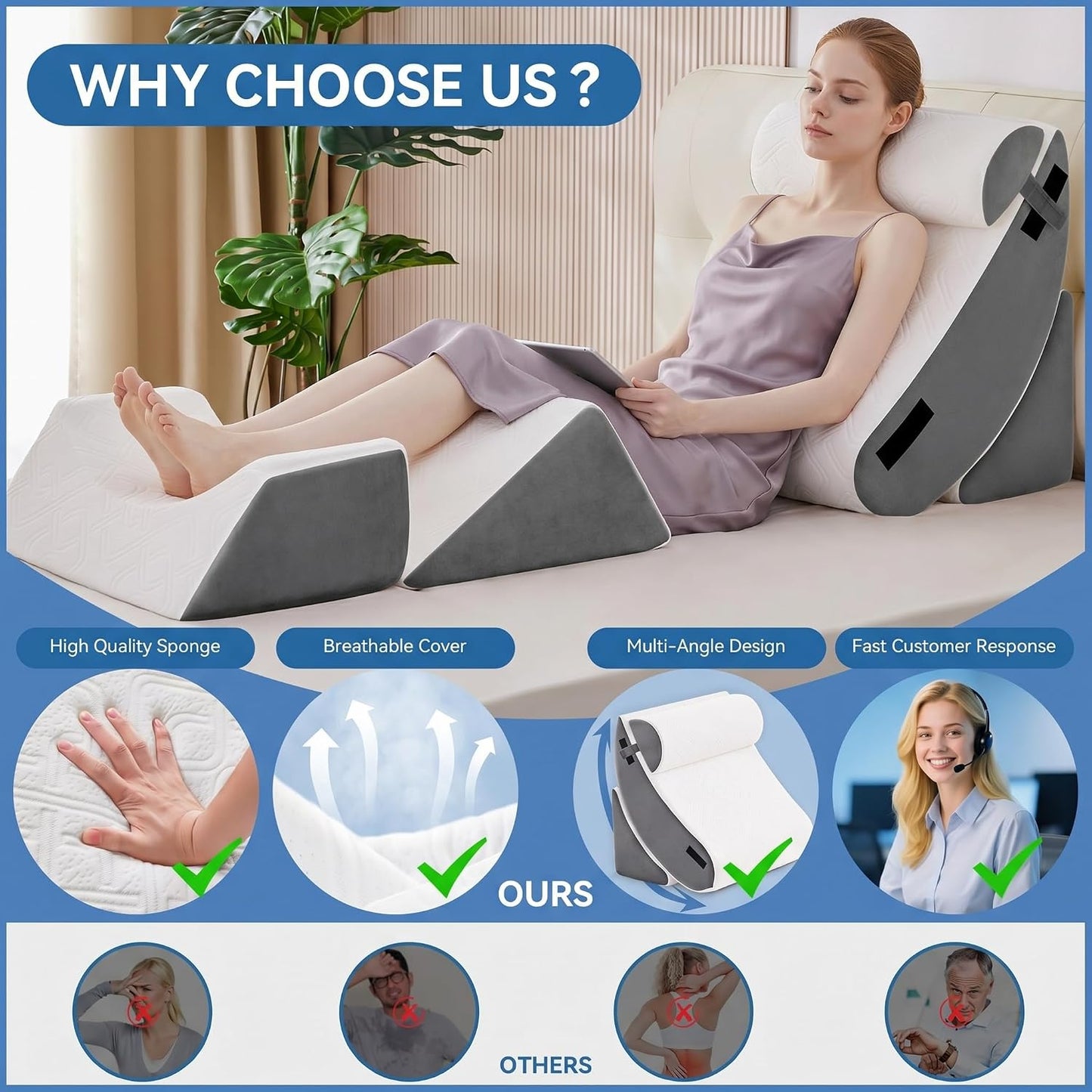 5PCS Wedge Pillow Set for After Surgery,Bed Pillow for Sleeping | Memory Foam Orthopedic Back Pillow for Pain Relief and Acid Reflux, Adjustable Sitting Up for Bed Post Surgery Pillow Green