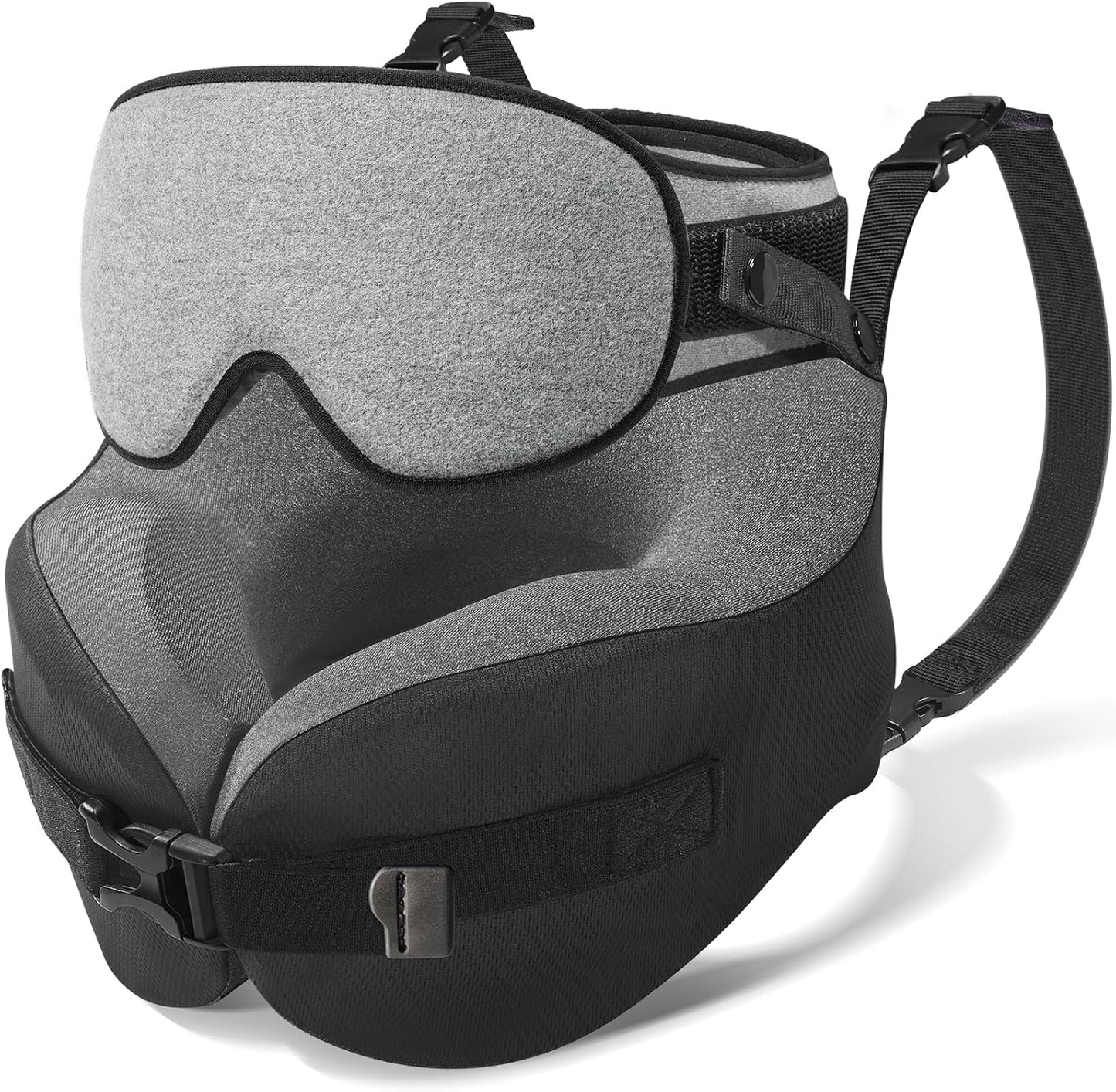 YFONG Travel Pillow with Head Support & Sleep Mask for Long Flights, Black | Patented 360° Support System, Prevents Bobbing, Airplane Head Strap, 3D Eye Mask, Memory Foam Neck Pillow, Travel Essential