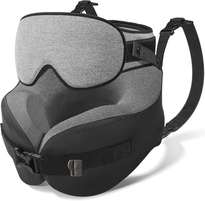 YFONG Travel Pillow with Head Support & Sleep Mask for Long Flights, Black | Patented 360° Support System, Prevents Bobbing, Airplane Head Strap, 3D Eye Mask, Memory Foam Neck Pillow, Travel Essential