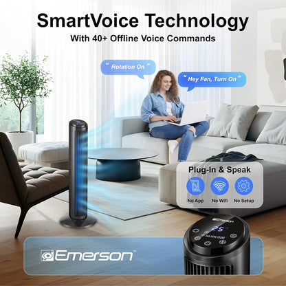 Emerson SmartVoice 40” Tower Fan, Wi-Fi-free Voice Control Fan, Hands-Free Cooling, No WiFi, No App, 70° Oscillation, 3 Speeds, 15-Hr Timer, Sleep Mode & Remote Control