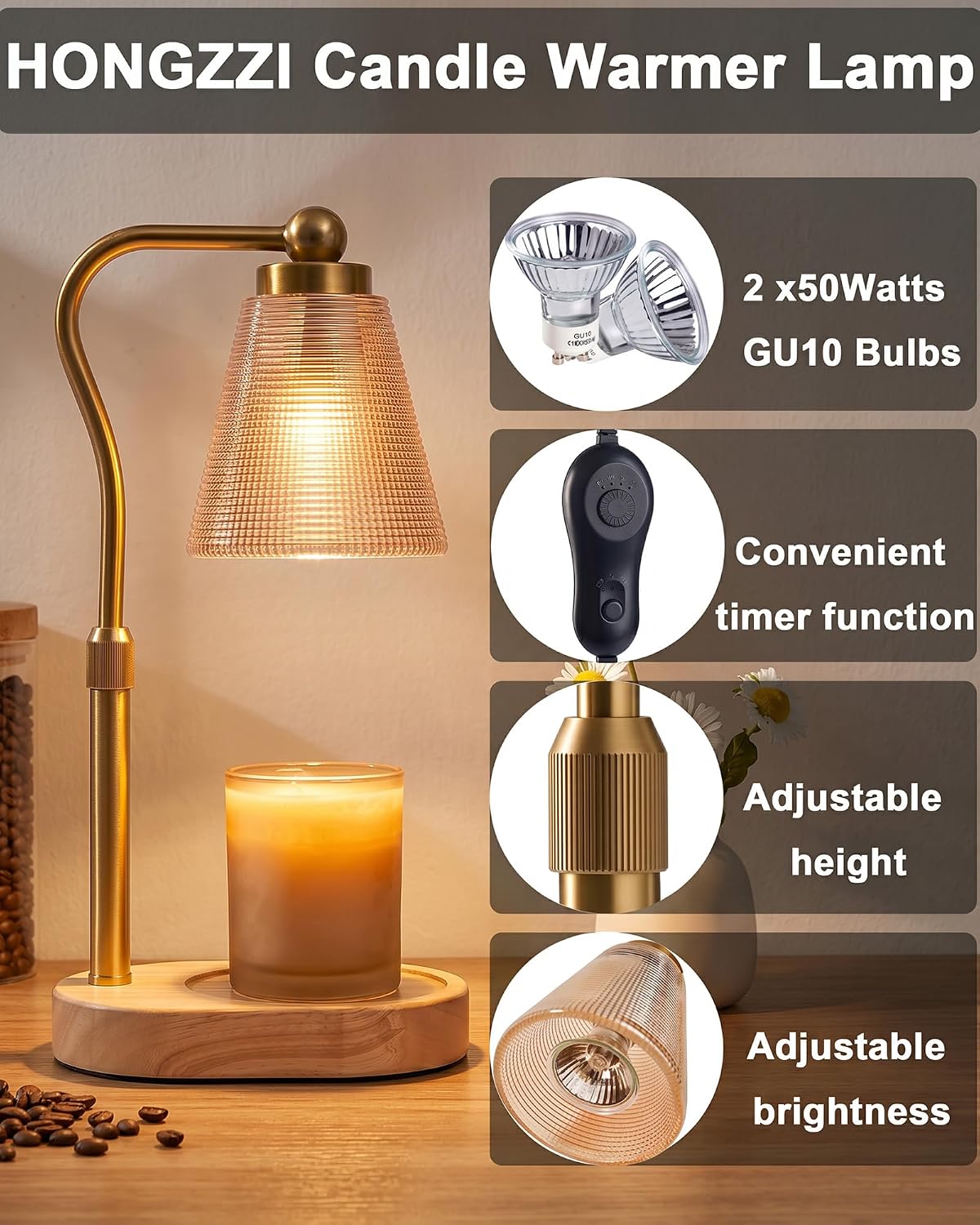 Candle Warmer Lamp with Timer, Dimmable, Adjustable Height, Oval | 2 bulbs included, no flame needed, 1-year warranty, farmhouse or modern decor, for bedroom, kitchen, living room, gifting