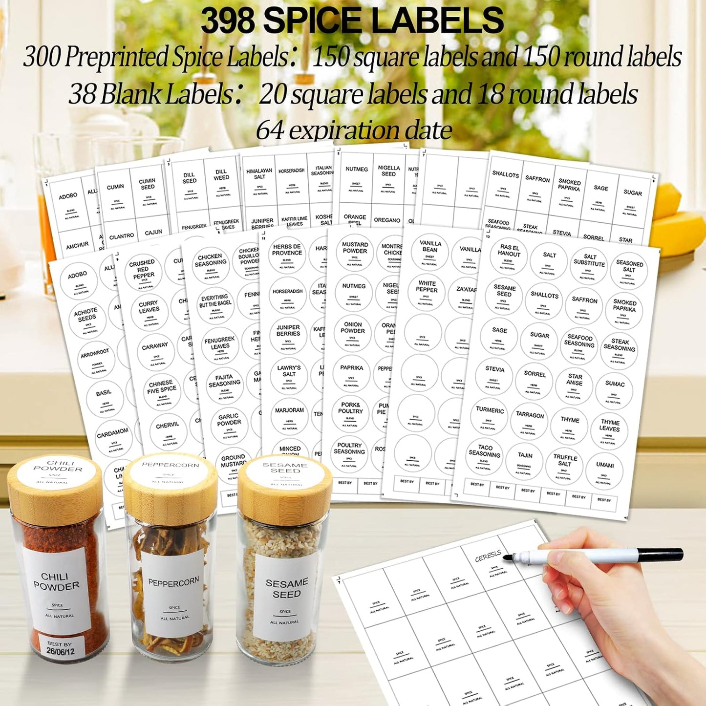 Glass Spice Jars with Bamboo Lid & 398 Label for Cabinet & Drawer Organizer | 24 pcs 4 fl oz Square Spice Bottles With Shaker Lids,Airtight Spice Containers Keep Fresh,Seasoning Containers Organization