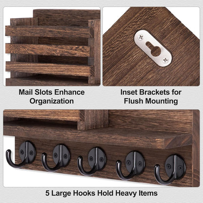 Lwenki Key Holder for Wall – Decorative Wooden Mail Holder and Key Shelf with Mounting Hardware, Installation Guide – Paulownia Wood with Metal Key Hooks (Black, Large - 11.8inch)