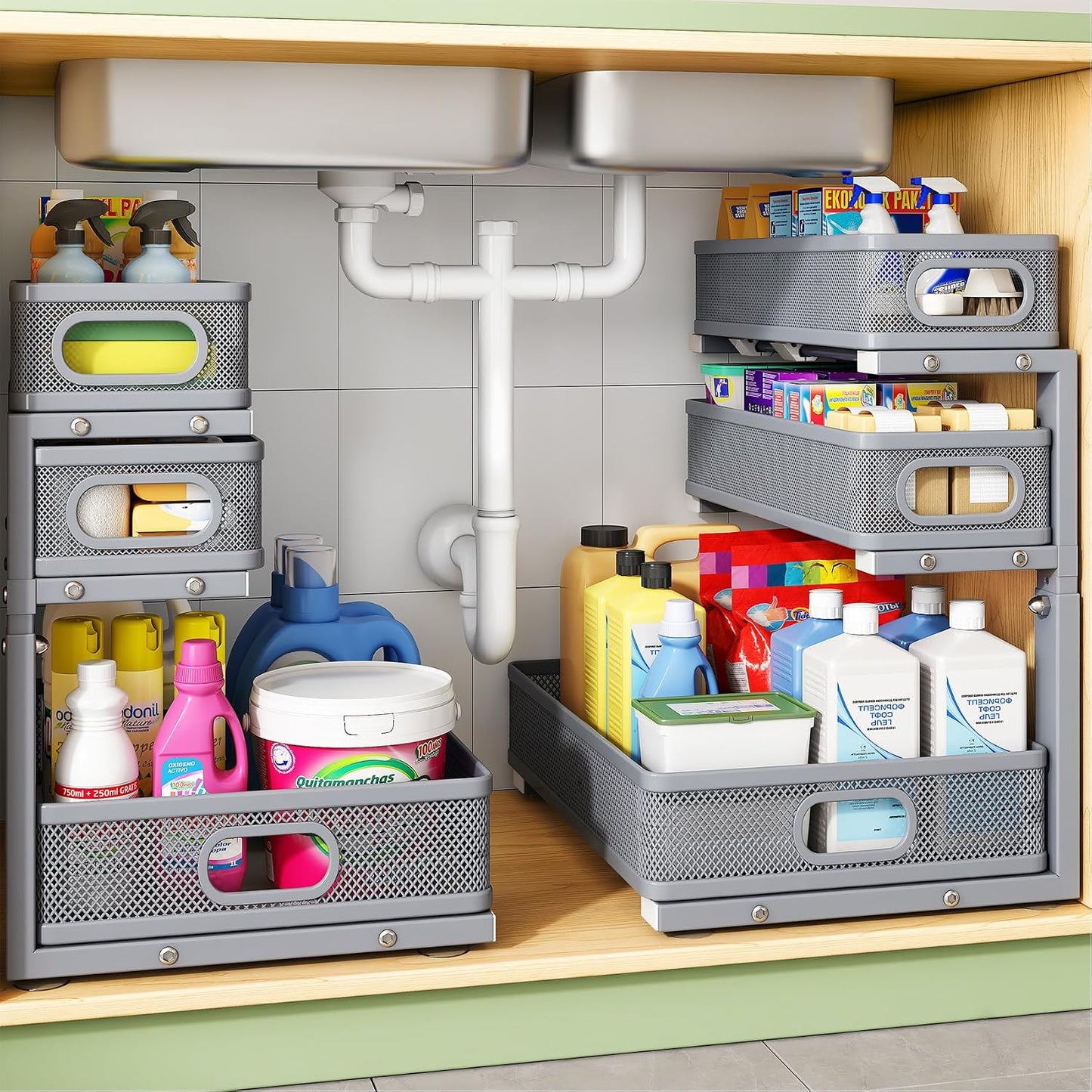 Kitstorack Under Sink Organizer, 2-Pack 3-Tier Height Adjustable Thickened Metal Pull out Cabinet Organizer Shelf, Slide out Storage Drawer Rack for Bathroom Kitchen Pantry Home Laundry Organization