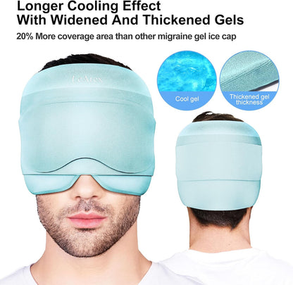 2 in 1 Migraine Relief Cap with Gel Eye Mask, Headache Relief Cap Ice Head Wrap Hot and Cold Therapy Hat Gift for Women for Headache Puffy Eyes Sinus and Tension Stress Relief (Light Purple)