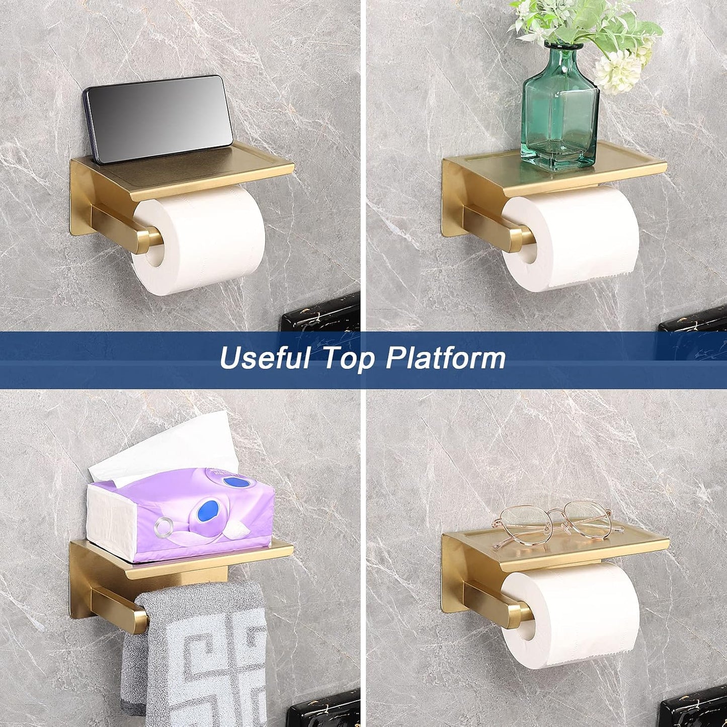 NearMoon Toilet Paper Holder with Shelf, Heavy Duty Bath Toilet Roll Holder with Phone Shelf Tissue Hanger for Bathroom/Kitchen No Drill or Wall Mounted(304 Stainless Steel, Brushed Gold)