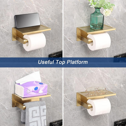 NearMoon Toilet Paper Holder with Shelf, Heavy Duty Bath Toilet Roll Holder with Phone Shelf Tissue Hanger for Bathroom/Kitchen No Drill or Wall Mounted(304 Stainless Steel, Brushed Gold)