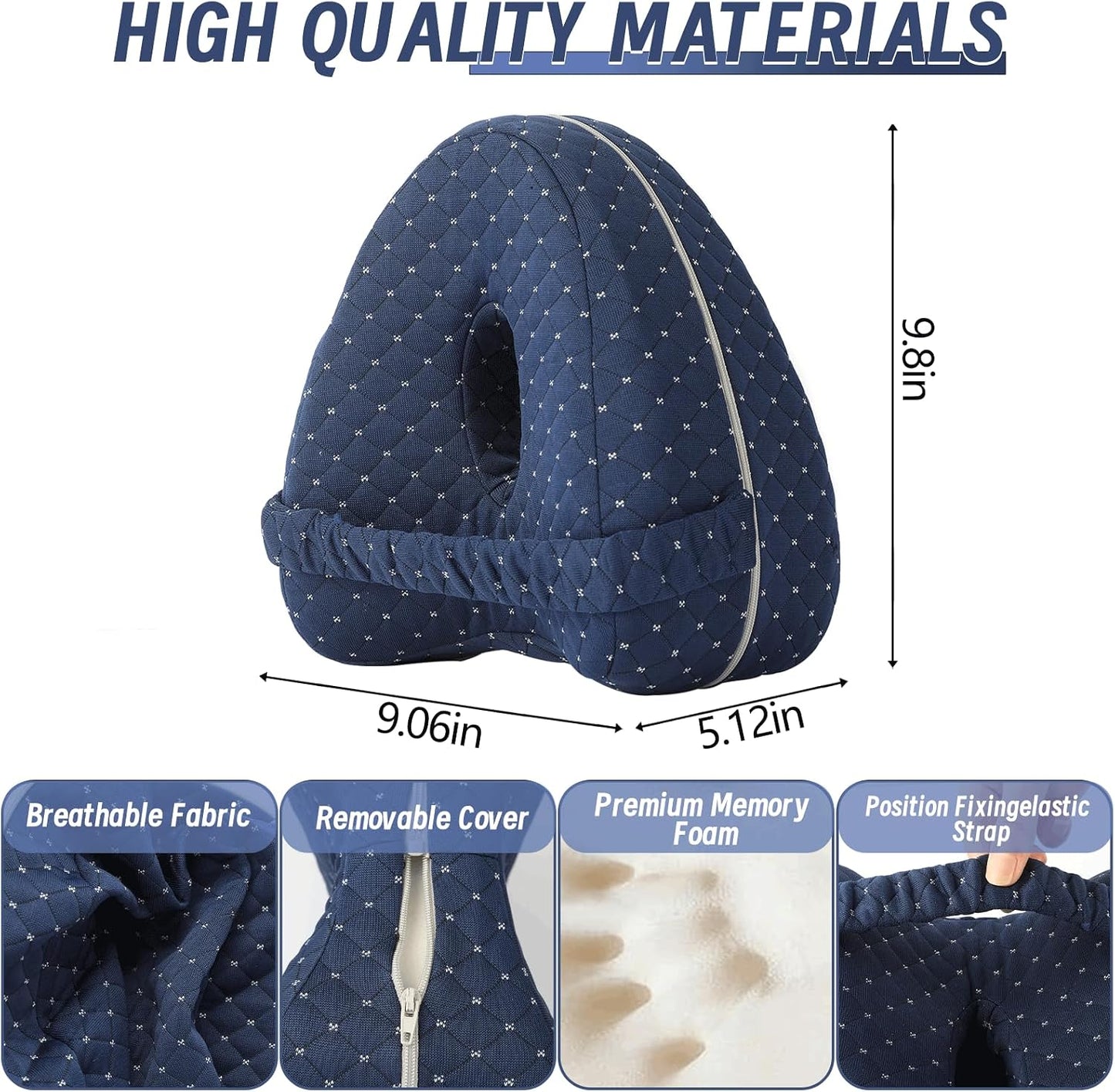 Knee Pillow for Side Sleepers, Memory Foam Leg Support with Adjustable Strap, Breathable Hollow Design for Hip and Back Comfort, Blue