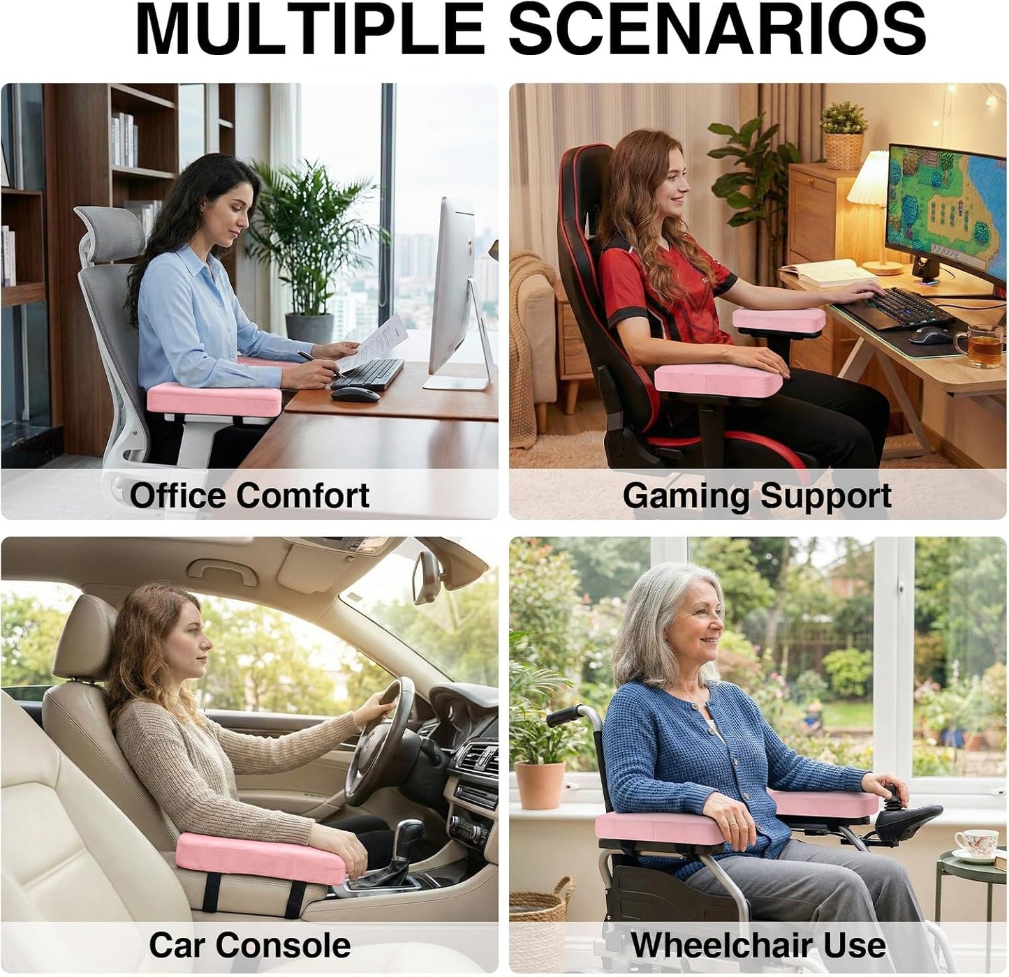 Smiry Memory Foam Office Chair Armrest Pads, Non-Slip Armrest Cushion | Ergonomic Arm Rest Pads with Adjustable Buckles and Straps, Elbow Relief for Desk, Gaming & Wheelchair, Black, Set of 2