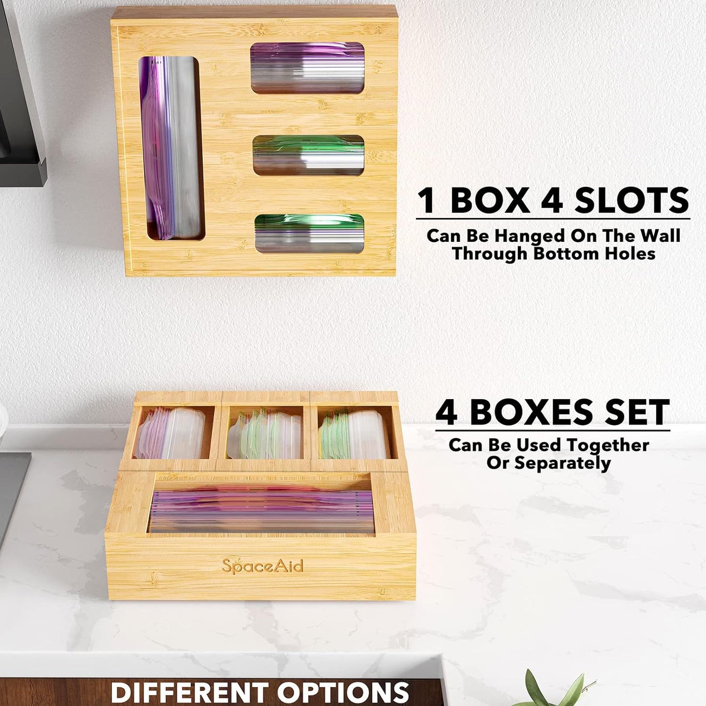 SpaceAid Bag Storage Organizer for Kitchen Drawer, Bamboo Organizer, Compatible with Gallon, Quart, Sandwich and Snack Variety Size Bag (1 Box 4 Slots)