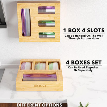 SpaceAid Bag Storage Organizer for Kitchen Drawer, Bamboo Organizer, Compatible with Gallon, Quart, Sandwich and Snack Variety Size Bag (1 Box 4 Slots)