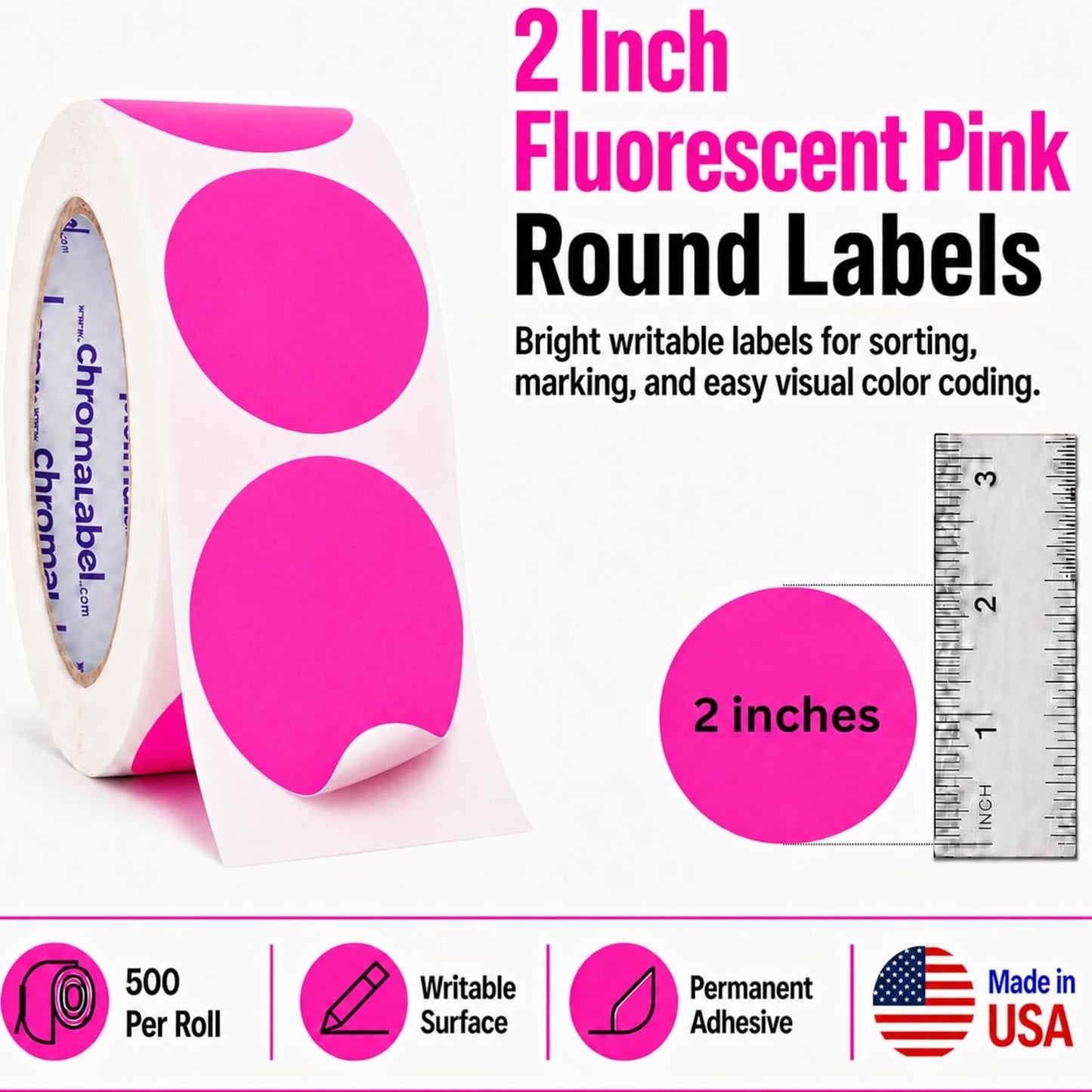 Fluorescent Green Dot Stickers, 2 Inch, 500/Roll | Writable Matte Paper Circle Stickers for Inventory, Classrooms, Offices, Retail, and Color Coding. Made in USA
