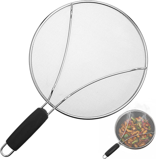 Splatter Screen, 10’’ Stainless Steel Splatter Guard for Frying Pan Grease Splatters Guard with Grip Handle Fine Mesh Oil Splash Screen Pan Cover When Sizzling Bacon, Cooking Fried Chicken or Popcorn