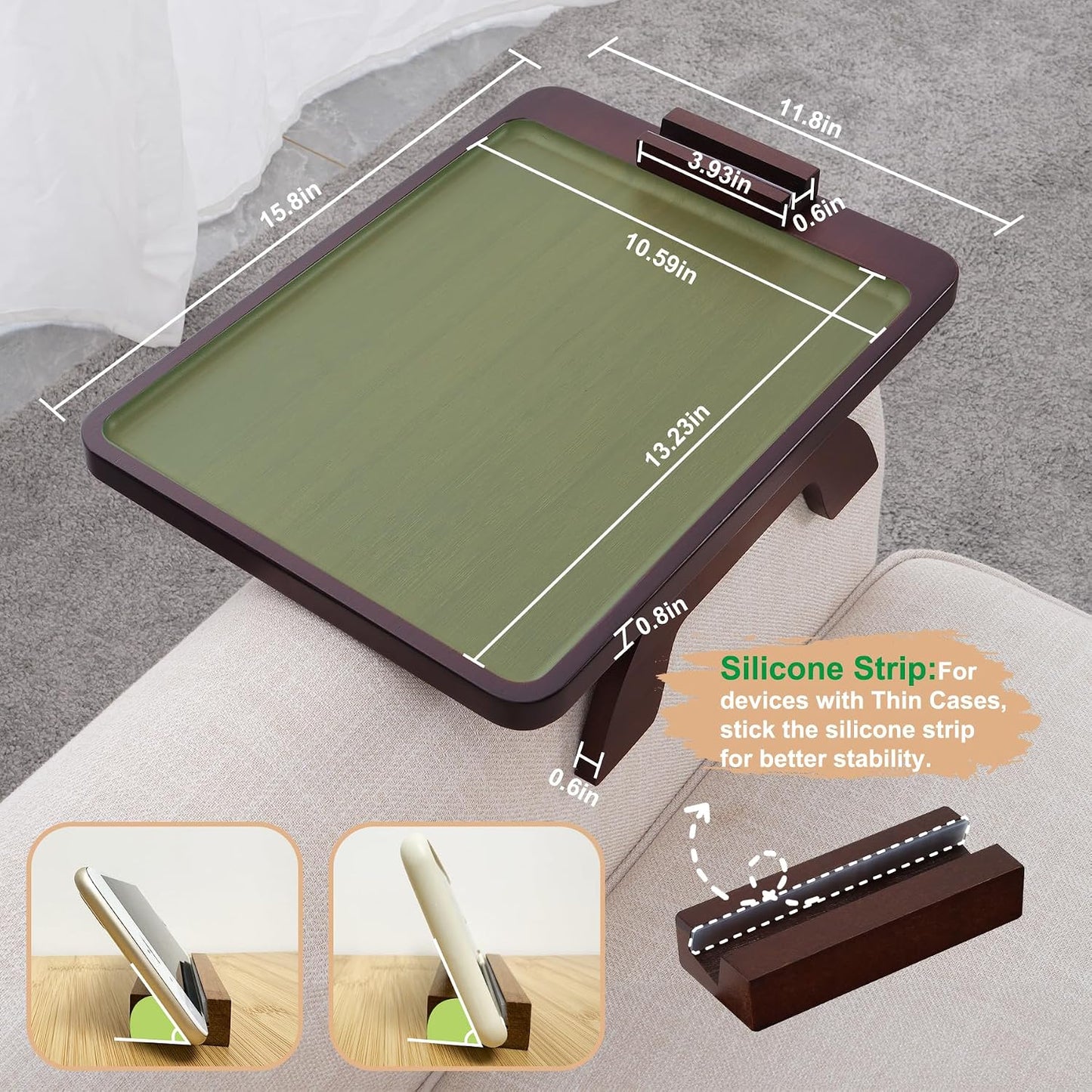 Couch Arm Tray,Bamboo Sofa Clip on Side Table,Foldable Couch Armrest Table with 360°Rotating Phone Holder,Anti Slip Food Trays for Eating/Drinks/Snacks/Remotes 15.35" x 9.85"