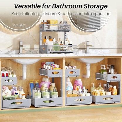 Under Sink Organizer, 2-Pack Pull Out Cabinet Organizer 2 Tier Metal Slide Out Storage Shelf Rack, L-Shaped Adjustable Height,Mesh Sliding Drawer for Kitchen, Bathroom, Laundry, Pantry, White, XL