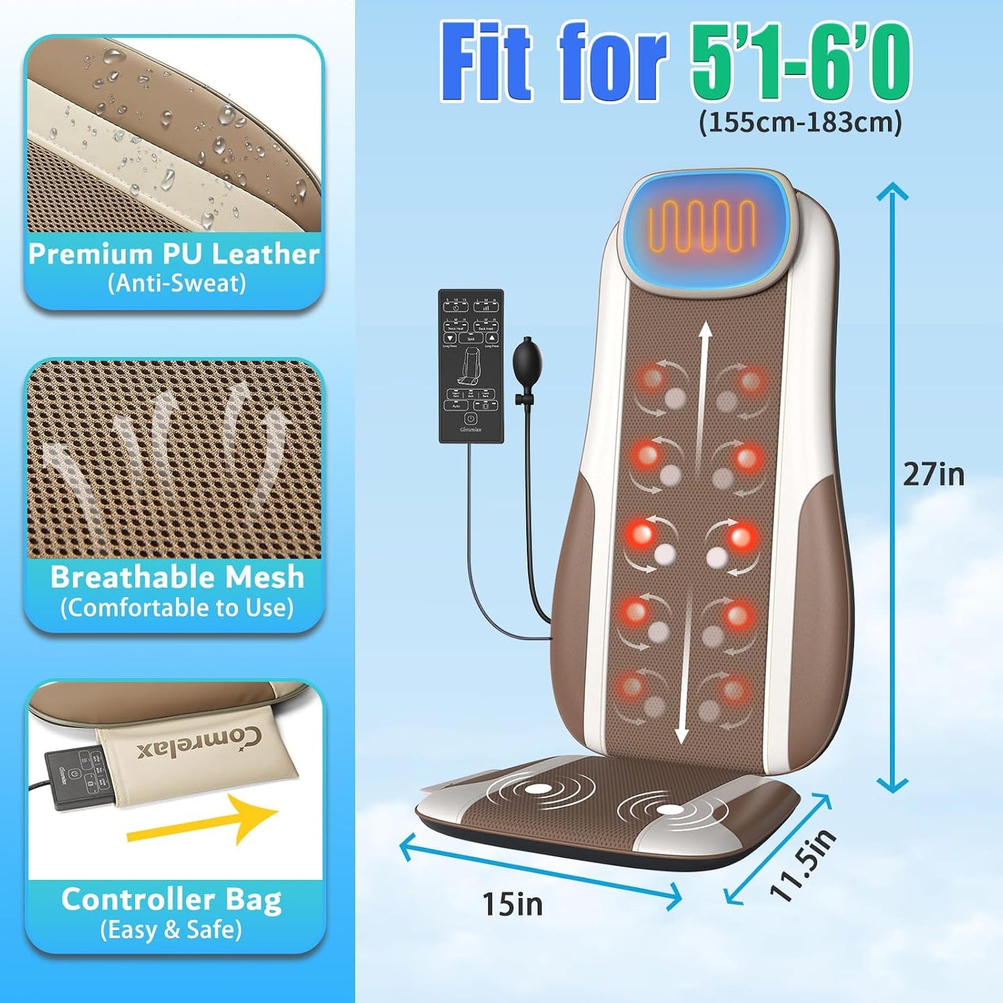 Vibration Massage Seat Cushion with Heat, Full Back & Neck Massager for Chair, 8 Motors Massage Pad with Adjustable Lumbar Support, Heated Chair Cushion for Office Home Recliner
