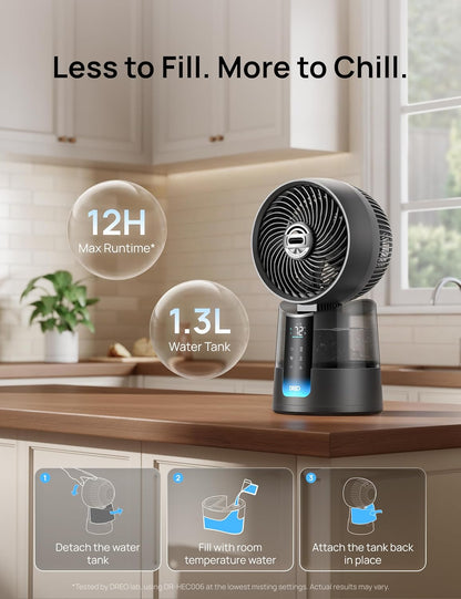 DREO TurboCool Misting Fan 516, 5℉ Drop Cooling Fans that Blow Cold Air | 150°+30° Omni-directional Oscillating, Evaporative air cooler, 26 ft/s Wind, Ultrafine Mist, 20dB, 6 Speeds 2 Modes, Grey