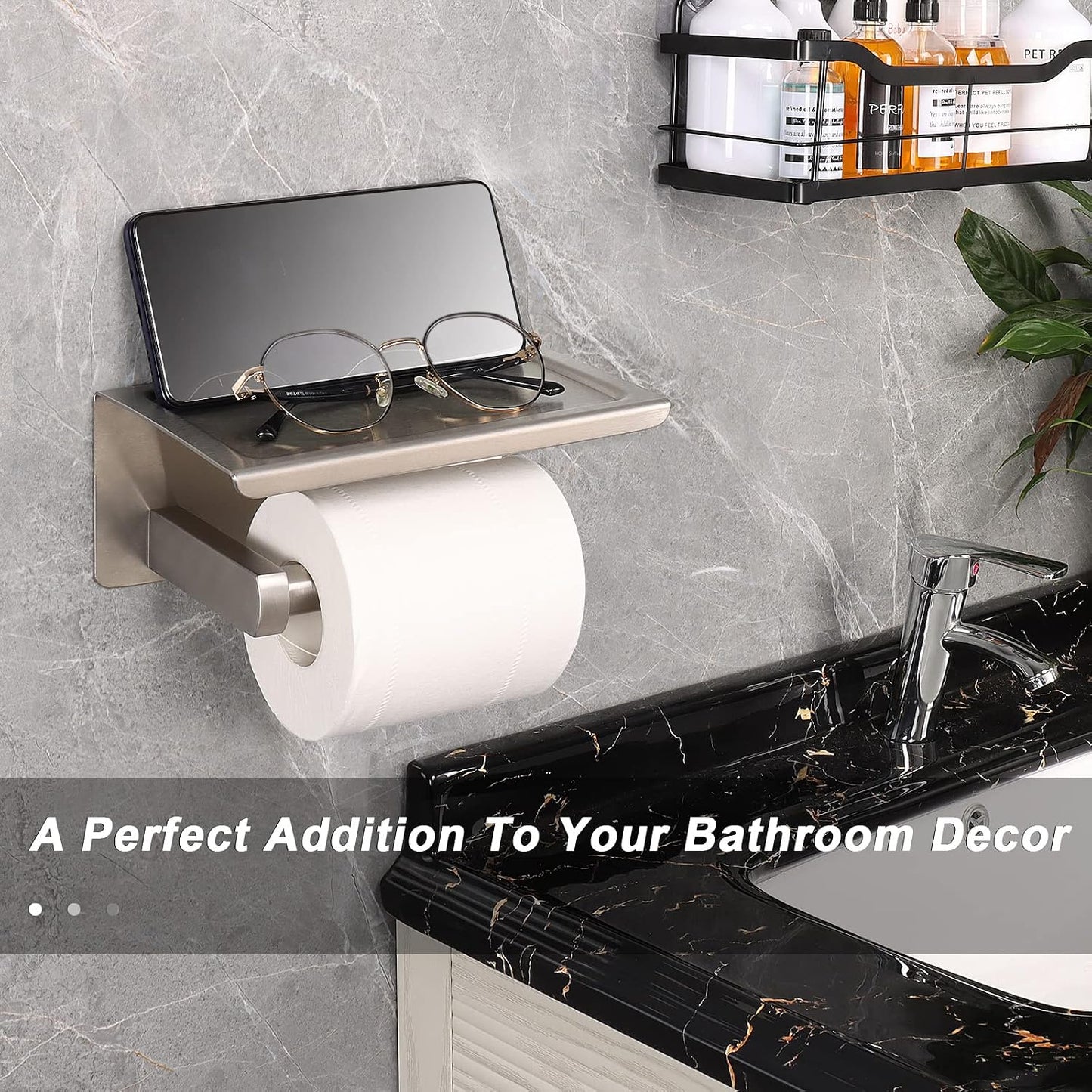 NearMoon Toilet Paper Holder with Shelf, Heavy Duty Bath Toilet Roll Holder with Phone Shelf Tissue Hanger for Bathroom/Kitchen No Drill or Wall Mounted(304 Stainless Steel, Brushed Gold)