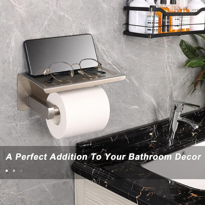 NearMoon Toilet Paper Holder with Shelf, Heavy Duty Bath Toilet Roll Holder with Phone Shelf Tissue Hanger for Bathroom/Kitchen No Drill or Wall Mounted(304 Stainless Steel, Brushed Gold)