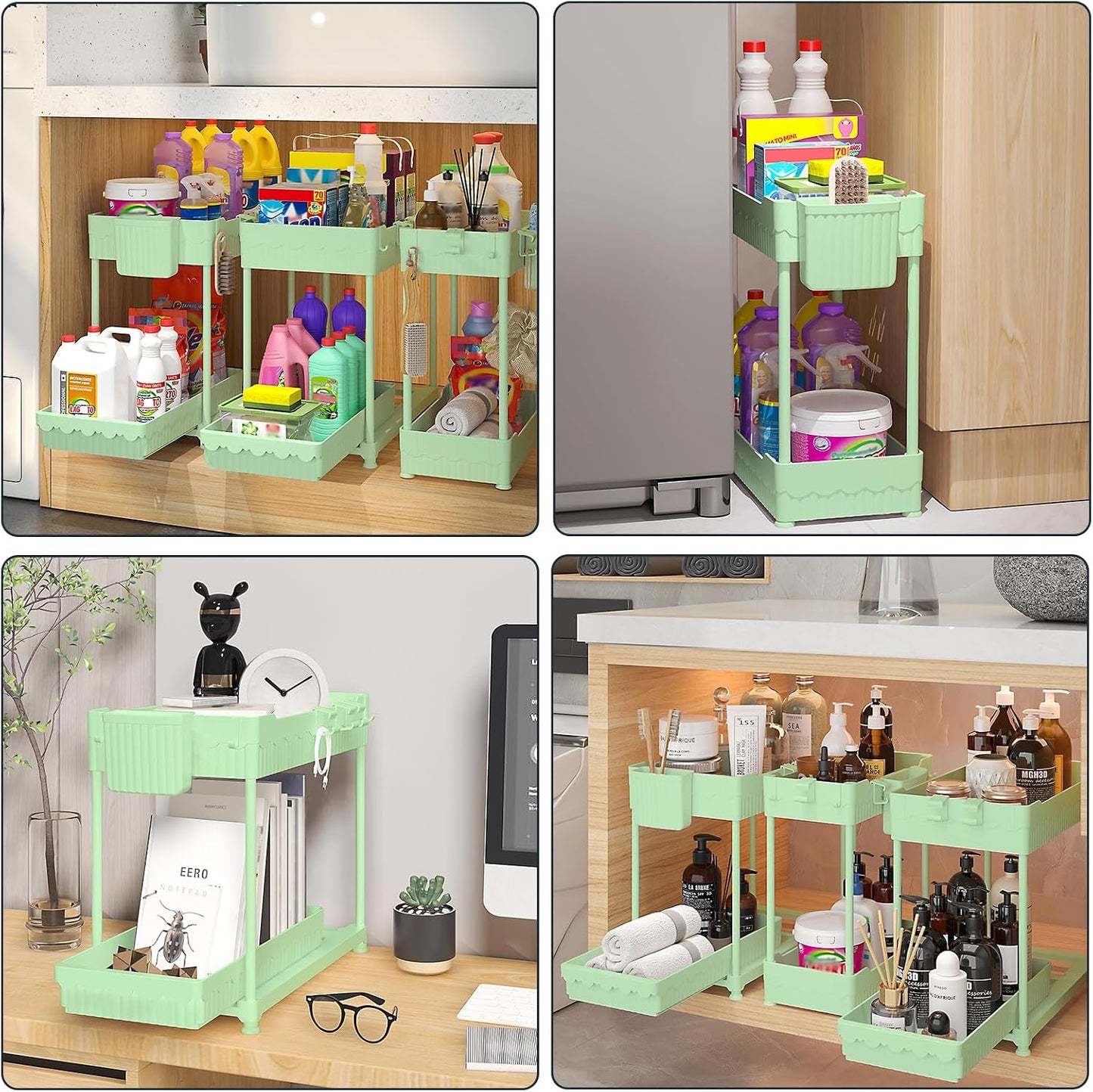 3-Pack 2-Tier Under Sink Organizers with Sliding Drawers | Multi-use kitchen & bathroom storage, 12.8 inch black cabinet organizer, space-saving sliding drawer design.