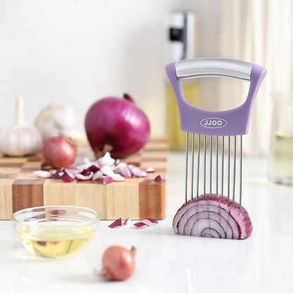 2PCS Onion Slicer Holder, JJOO Stainless Steel Onion Cutter for Slicing and Storage Onions, Tomato, Eggs and Vegetables, Protective Cover Included, Dishwasher Safe (Stylish orange+ Purple Color)
