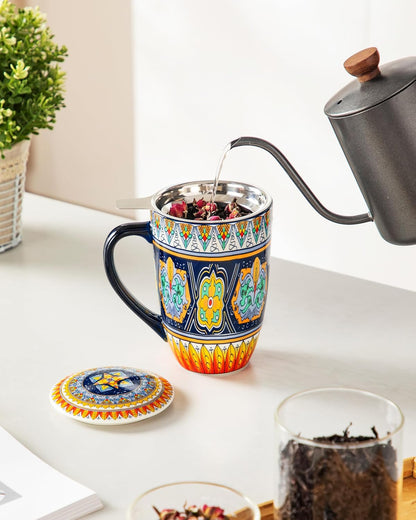 vancasso 18 Oz Tea Infuser Mug with Lid, Mint Petal Whirl | Eye catching Bohemian pattern, adds charm to any tea corner, ceramic mug with infuser, microwave and dishwasher safe