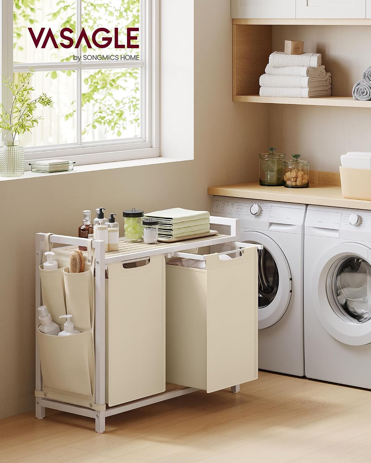 VASAGLE Laundry Hamper, Laundry Basket Sorter with 3 Pull-Out and Removable Bags, Shelf, Metal Frame, 3 x 10.6 Gallons (40 L), 36.4 x 13 x 28.4 Inches, Cappuccino Beige and Natural Beige UBLH301LH01
