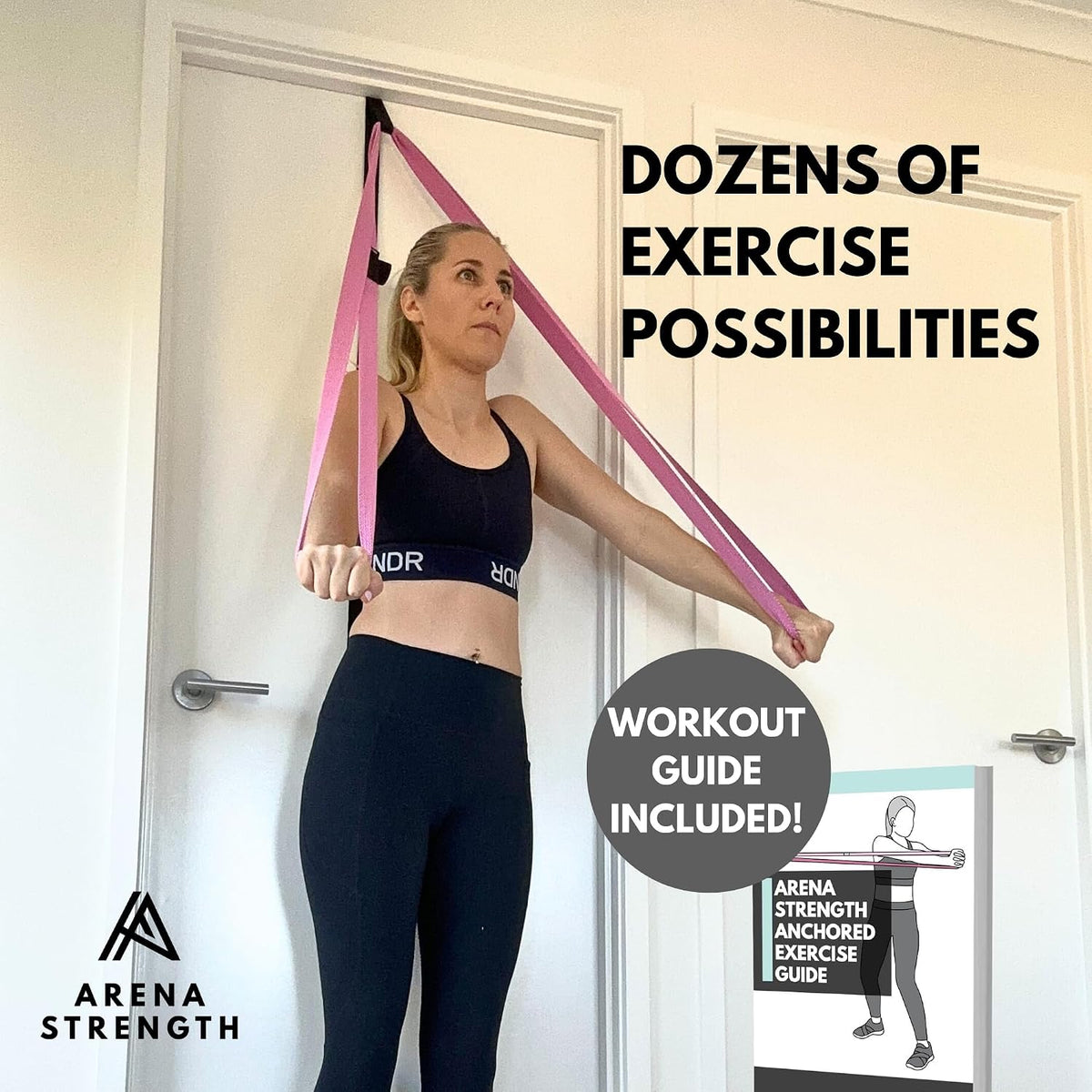 Arena Strength Multi Loop Door Anchor Strap - Heavy Duty Resistance Band Attachment with 9 Adjustable Anchor Points, Easy Installation & Exercise Guide for Full Body | Fits Doors Up to 9 Ft, Black