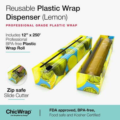 Chicwrap Veggies Refillable Plastic Wrap Dispenser - Includes One 12" x 250' Roll of Professional Grade Plastic Wrap - BPA Free and Kosher Certified - Reusable Dispenser w/Slide Cutter | Reusable Plastic Wrap Dispenser with Four Non-Slip Rubber Feet and