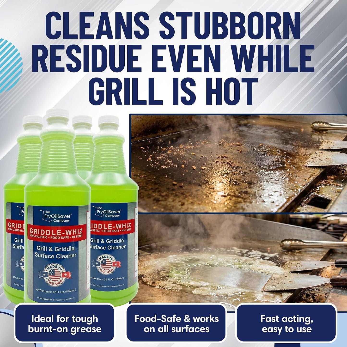 Griddle-Whiz Grill & Griddle Cleaner (4-Pack) | Removes Grease, Food Residue, Burnt On Organics | High Heat Flat Top Grill Cleaner, Food Contact Surface | Non-Caustic Formula by FryOilSaver (32oz)