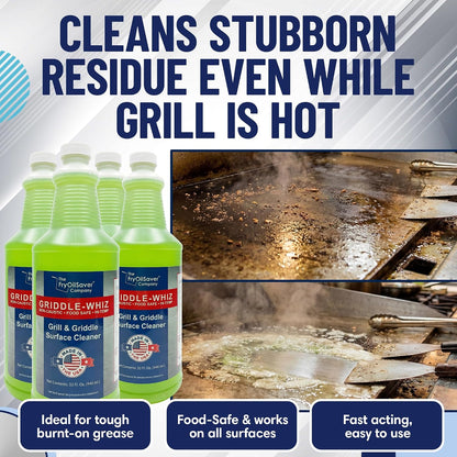 Griddle-Whiz Grill & Griddle Cleaner (4-Pack) | Removes Grease, Food Residue, Burnt On Organics | High Heat Flat Top Grill Cleaner, Food Contact Surface | Non-Caustic Formula by FryOilSaver (32oz)