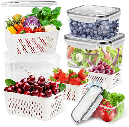 TBMax Fruit Storage Containers for Fridge Organizers and Storage, 4 Pack Large Produce Saver with Airtight Lid & Colander for Berry Lettuce Salad Vegetable Storage, Refrigerator Organizers