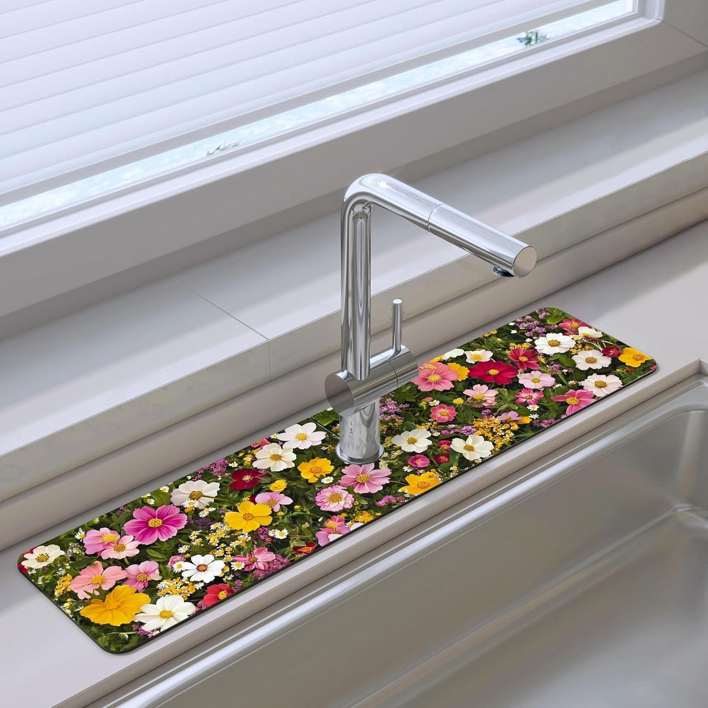 Bimkole 2 PCS Faucet Absorbent Mat, Kitchen Faucet Sink Splash Guard Wraparound Cloth Pads Drip Catcher for Sink Faucet for Kitchen Bathroom Faucet, Colorful Faucet Mat, 15 x 4 Inch Flower A6