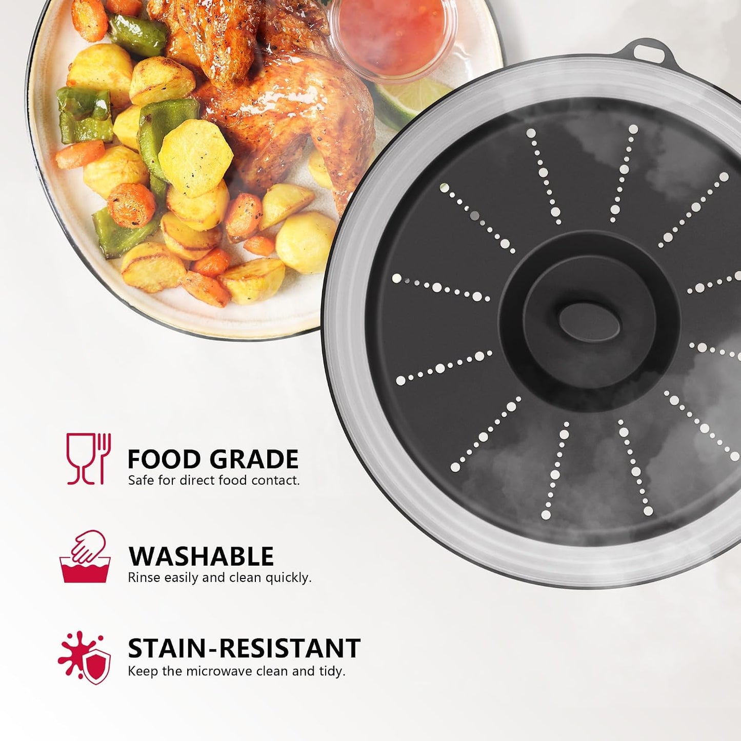 WVM Microwave Splatter Cover Vented for Food with Hook Hole, Splatter Guard & Colander Kitchen Gadget for Food, Meal Prep, Grey