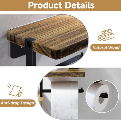 Rustic Farmhouse Toilet Paper Holder with Shelf - Farmhouse Bathroom Rustic Country Decor - Rustic Bathroom Accessories with Warm Brown Wood Shelf for Wipes&Cell Phone&Reading, Black Metal
