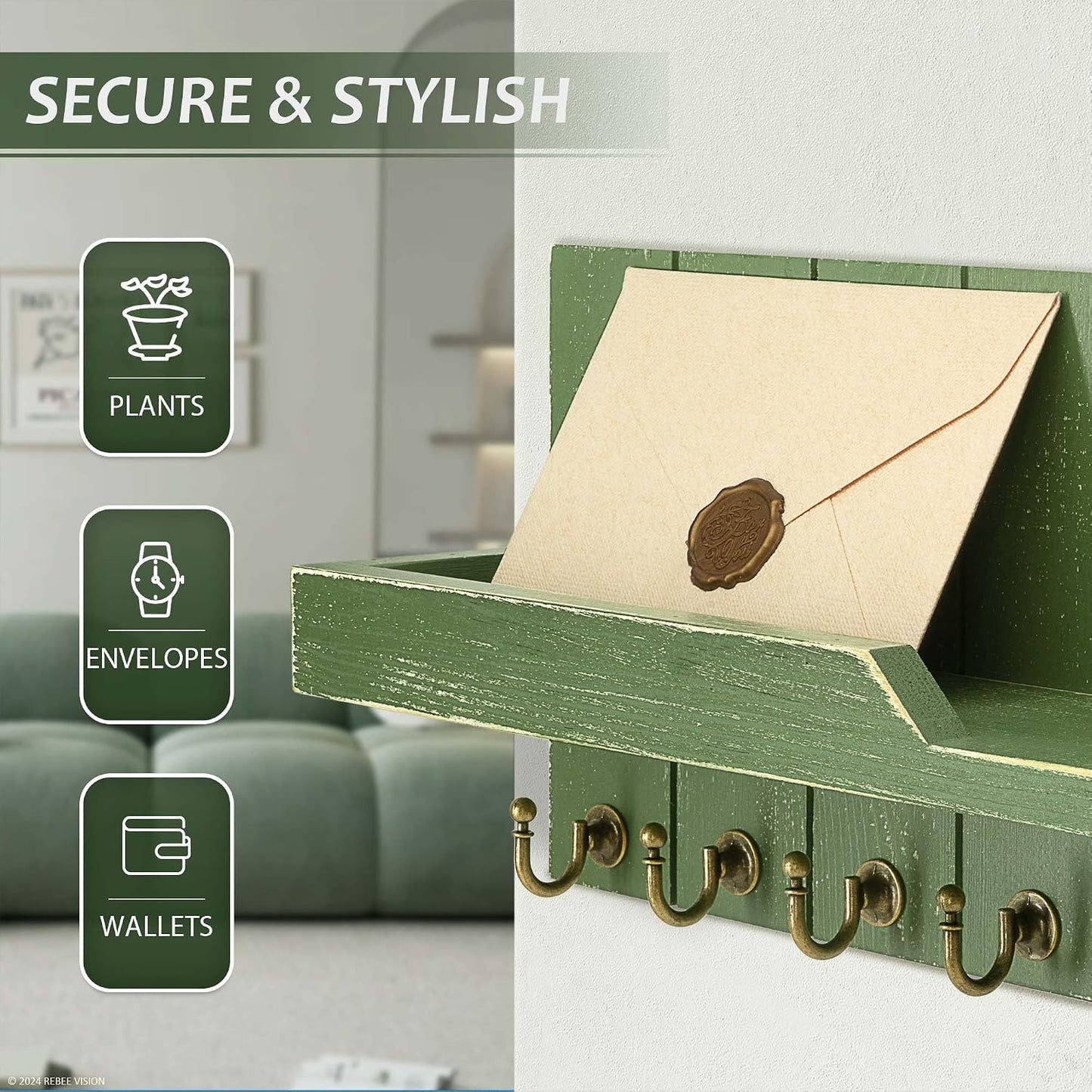 Rebee Vision Key Holder Wall Mount with 5 Key Hooks for Home Decor, Brown | 3.54'' x 10'' x 7.28'', Small Shelf for Display Plant, Key Hangers for Hat, Entryway Space-Saving Storage