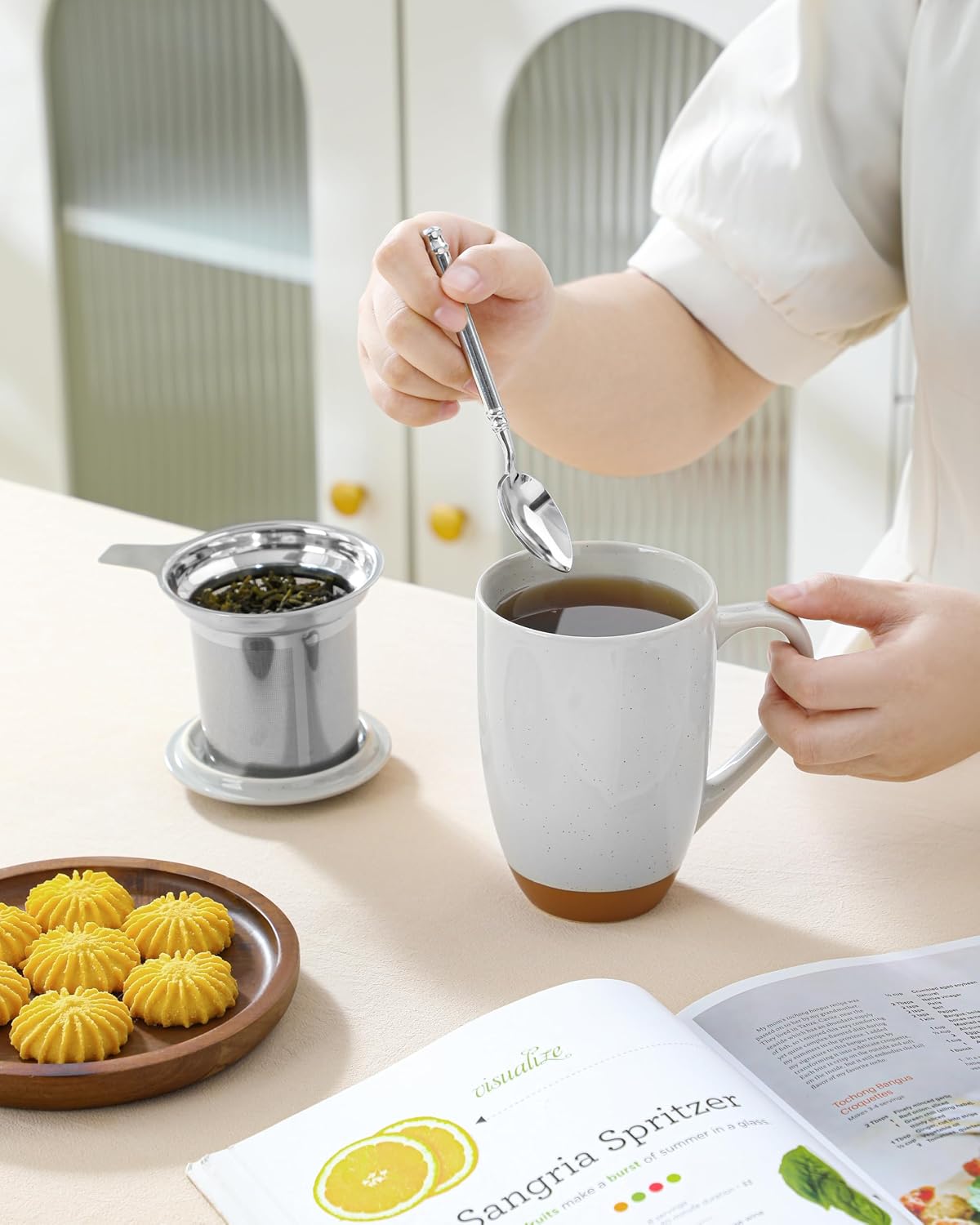 MALACASA Ceramic Tea Mug with Lid and Stainless Steel Infuser, 18 oz Large Tea Cup for Loose Leaf Tea, Heat-Resistant, Microwave & Dishwasher Safe, Speckled Glaze Coffee & Tea Brewer Mug, Khaki Brown