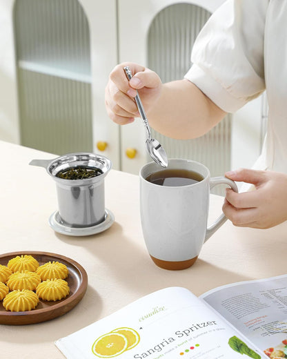 MALACASA Ceramic Tea Mug with Lid and Stainless Steel Infuser, 18 oz Large Tea Cup for Loose Leaf Tea, Heat-Resistant, Microwave & Dishwasher Safe, Speckled Glaze Coffee & Tea Brewer Mug, Khaki Brown