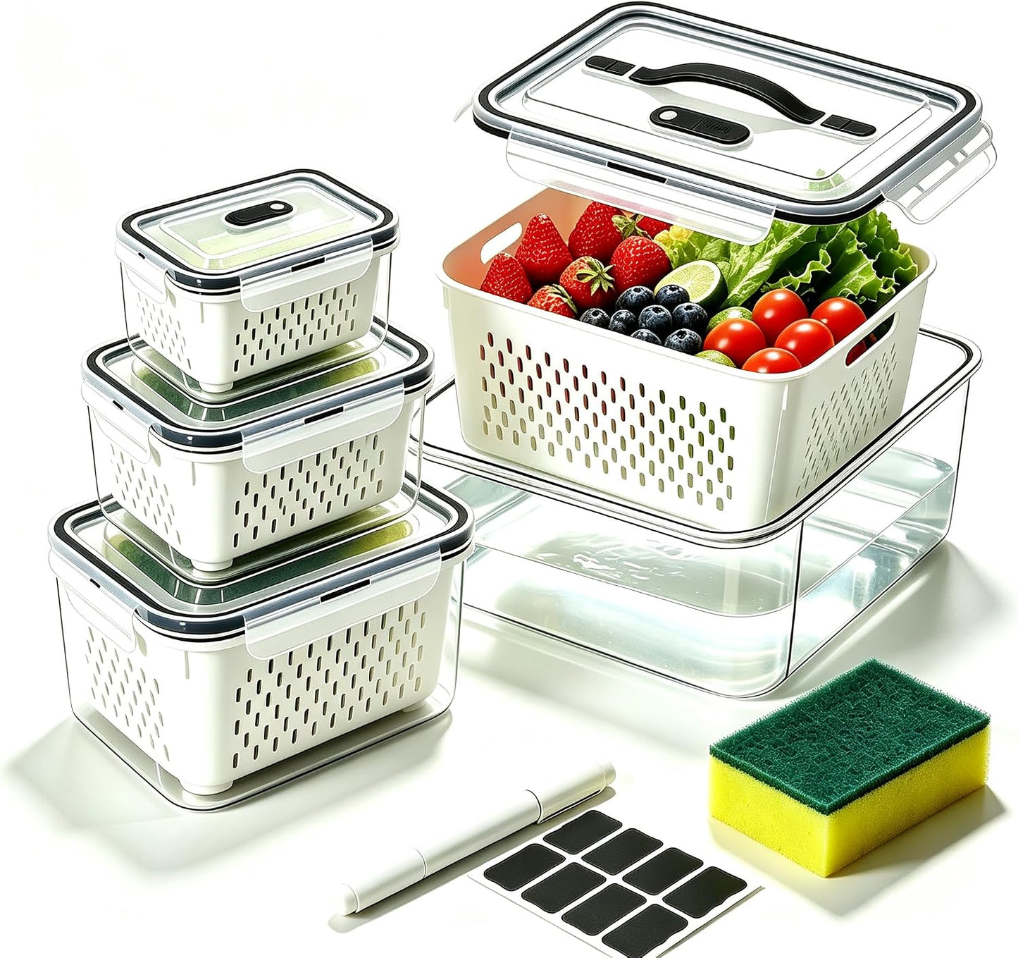 4 PCS Fruit Storage Containers for Fridge,Leakproof Produce Containers | Saver For Fridge with Removable Colander &Vent Lids,Microwave/Dishwasher Safe,Keeps Berries,Lettuce & Salad Fresh