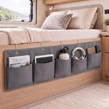 Rv Bedside Storage Organizer, 5 Pocket Camper Van Bed Caddy Bag, Grey