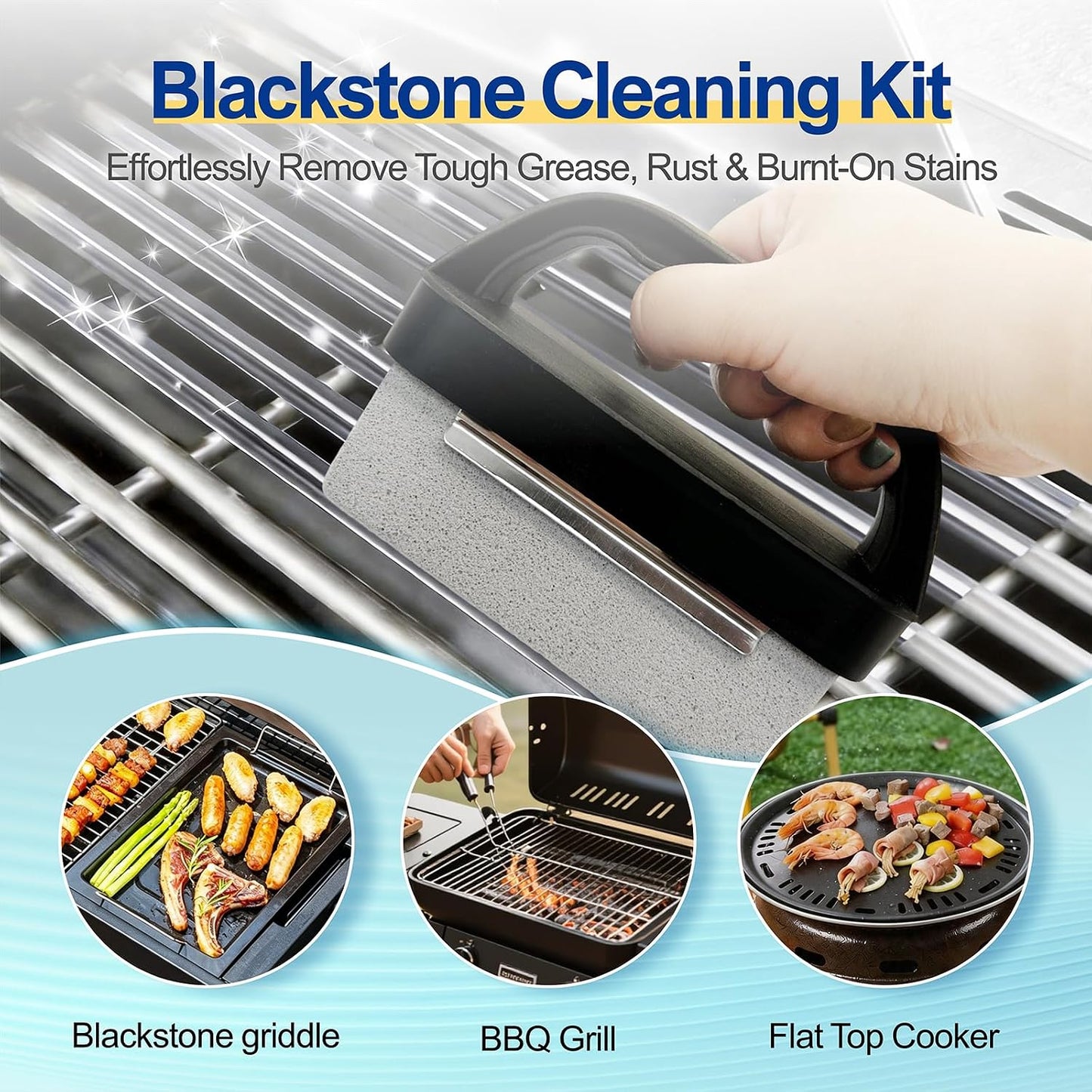 Blackstone Griddle Cleaning Brick Block, 5Pcs Grill Stone Kit | Heavy-Duty Pumice Stone Flat Top Griddle Cleaner for Stove with Handle, Grill Brick Removes Grease, Rust and Stains