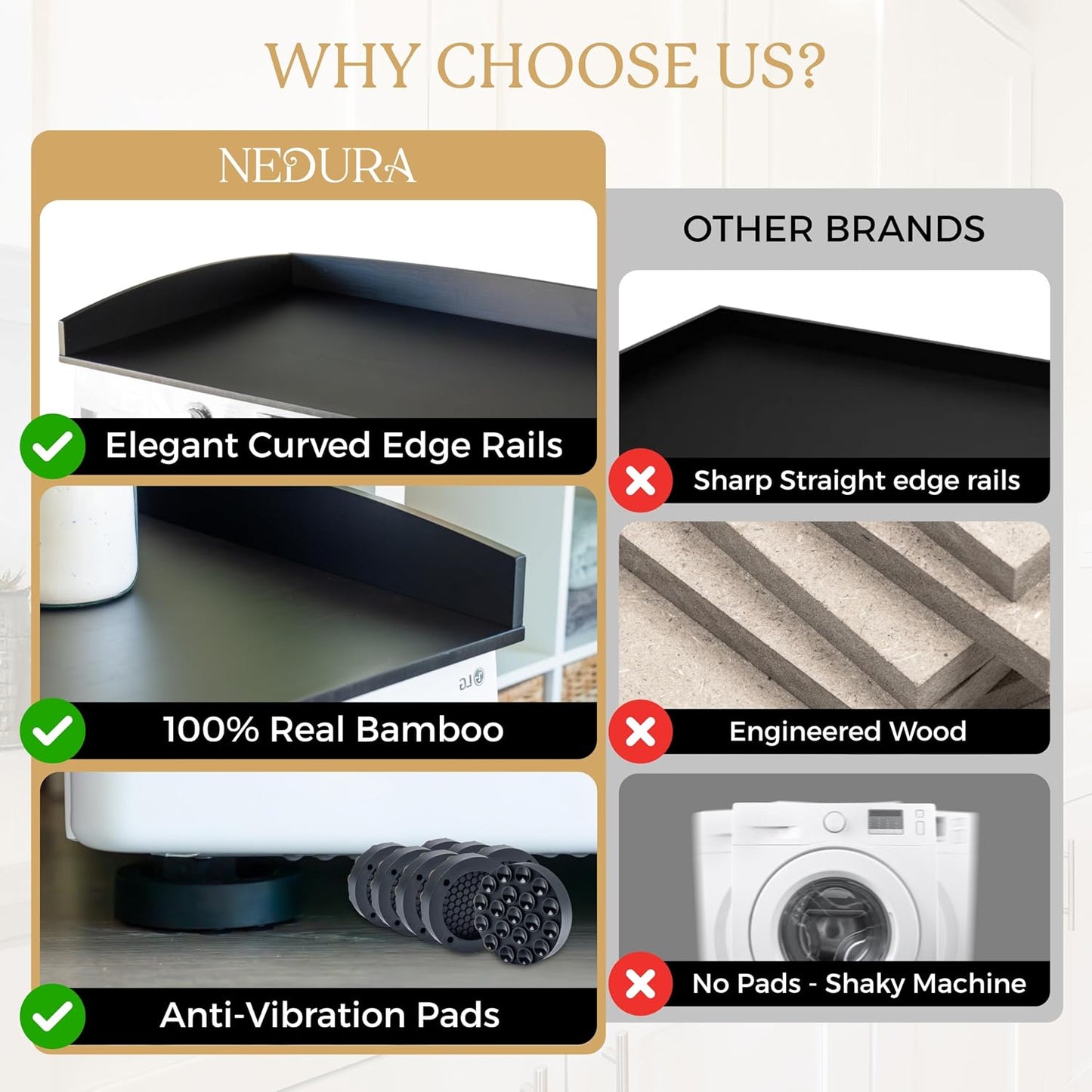 Nedura Washer Dryer Countertop with Anti-Vibration Pads, Curved Edge Rails, Premium Bamboo Laundry Countertop, Washer Dryer Topper, Laundry Room Organization, Laundry Room Accessory – Dark Walnut