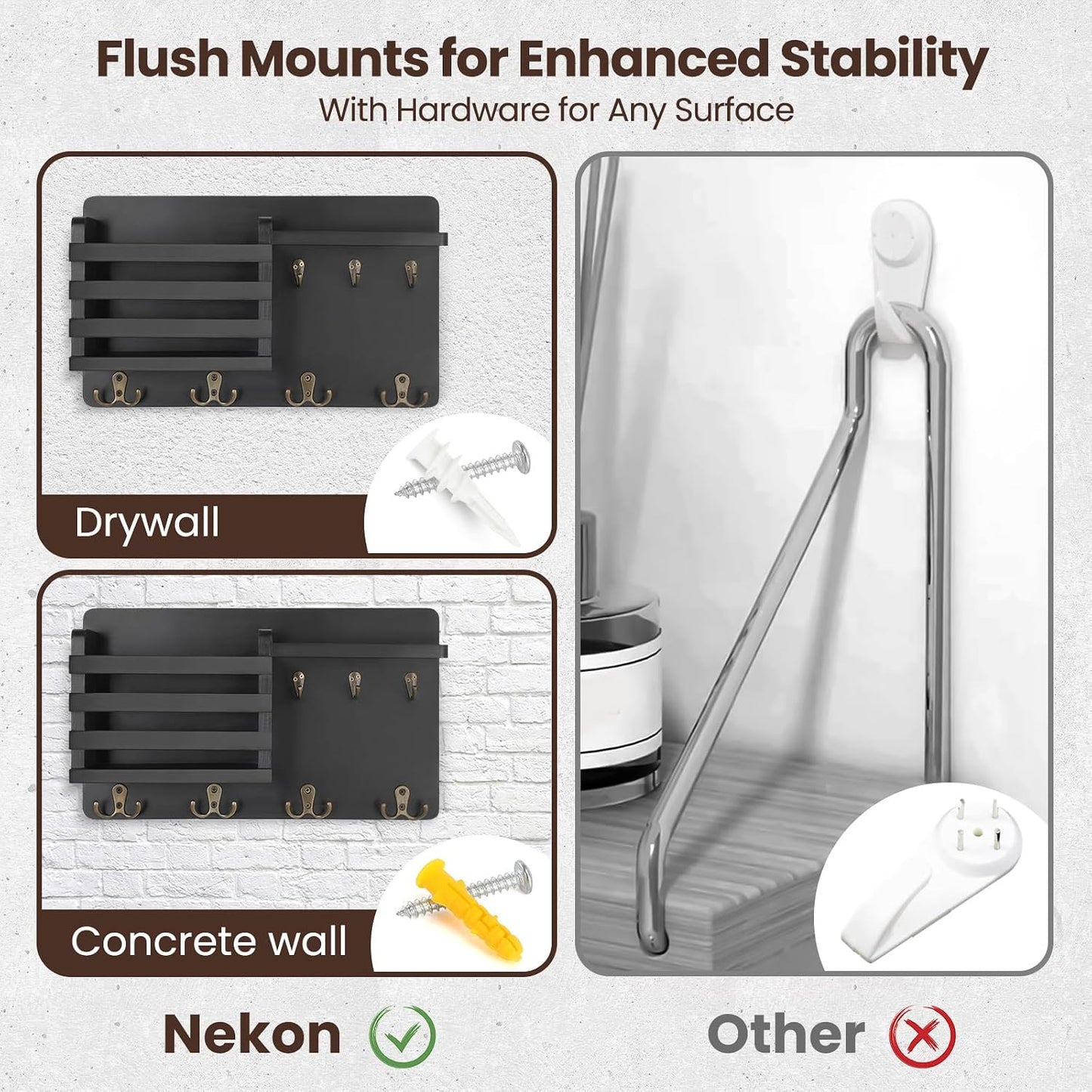Nekon Mail Holder for Wall, 16.8 Inch Mail Organizer, Black | 16.8Inch x 10Inch x 3.2Inch, Hallway Farmhouse Decor, Storage Racks with Floating Shelf and Flush Mount Hardware