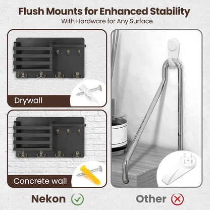 Nekon Mail Holder for Wall, 16.8 Inch Mail Organizer, Black | 16.8Inch x 10Inch x 3.2Inch, Hallway Farmhouse Decor, Storage Racks with Floating Shelf and Flush Mount Hardware