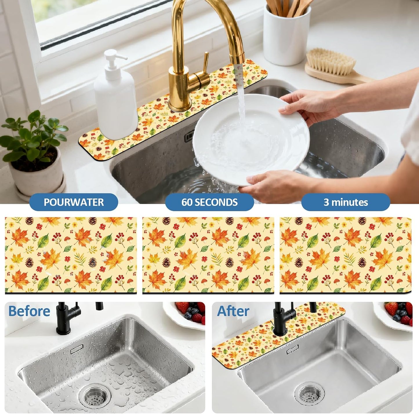 2Pcs Peonies Kitchen Sink Splash Guard Faucet Mat Vintage Florals Faucet Mat For Bathroom Kitchen 5.5x23.6In