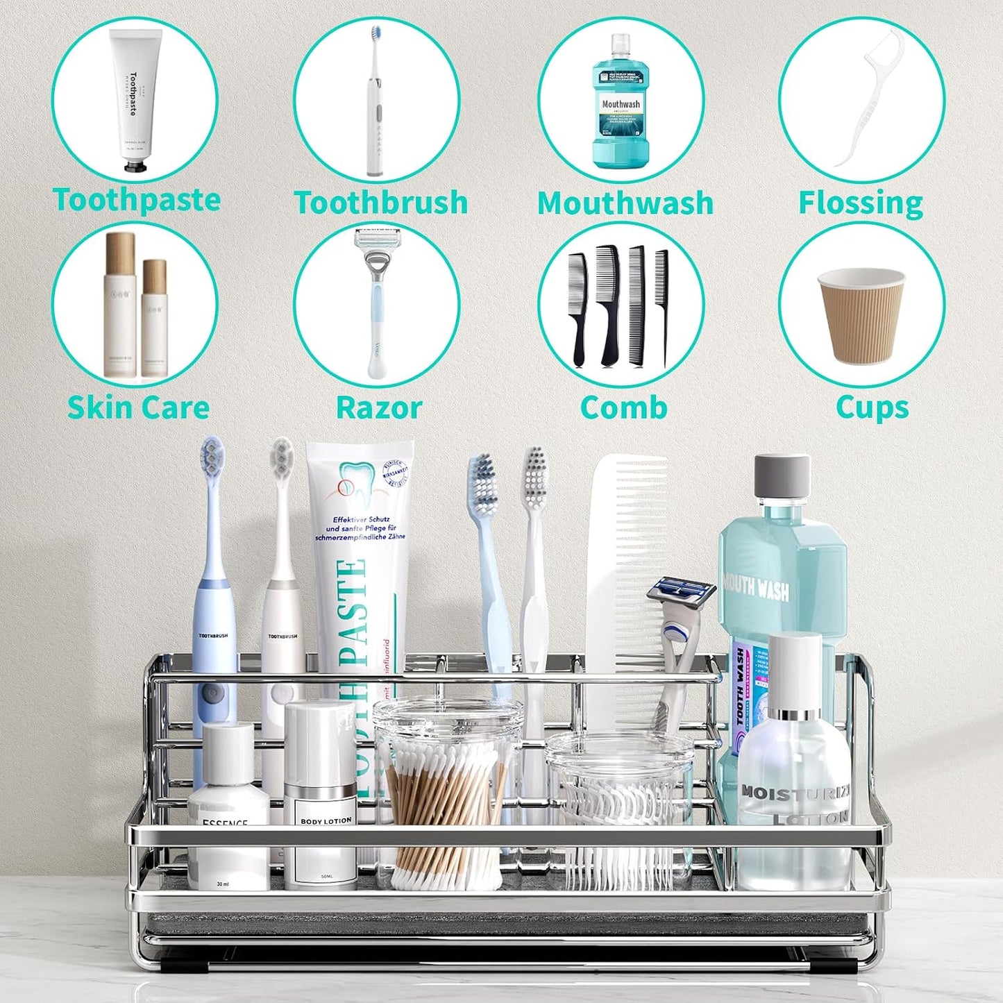 HapiRm Toothbrush Holders for Bathroom - 5 Partitions Bathroom Counter Organizer with Instant Drying Stone, Stainless Steel Countertop Storage Electric Toothbrush Toothpaste Holder - Black